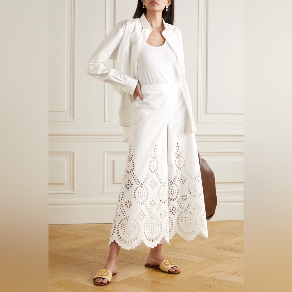 Valentino Broderie Anglaise Cotton-poplin Wide-leg Pants